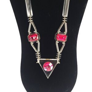 Acrylic Lucite Maximalist 80s Necklace 24" Fuschia Silver Triangle Art To Wear